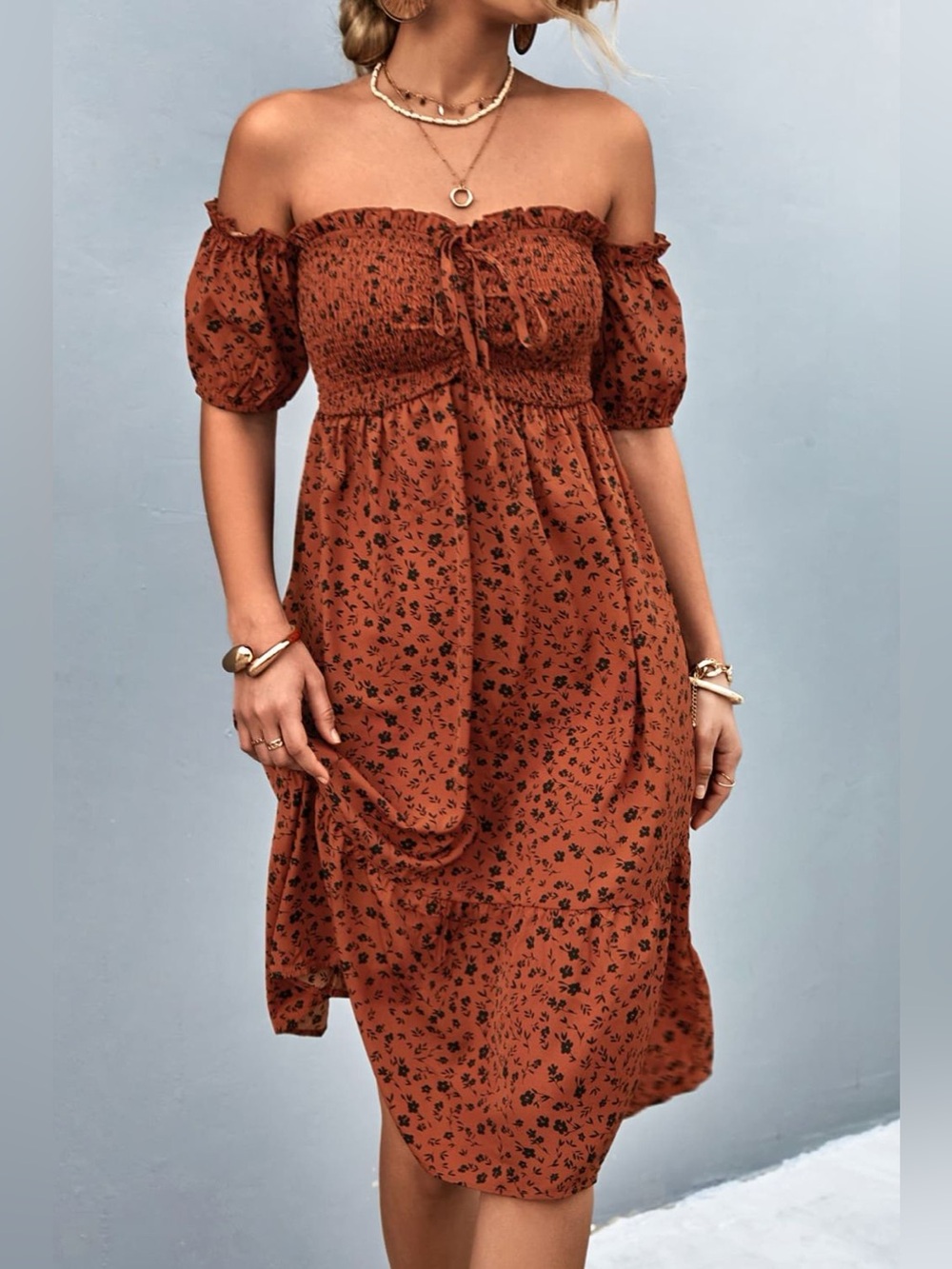 Ditsy Floral Smocked Frill Trim Off-Shoulder Dress